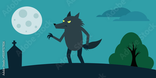 Here's a single sentence for naming an image combining your elements:

Cute cartoon wolf and cat silhouettes howl at the moon through a window on a dark Halloween night vector illustration