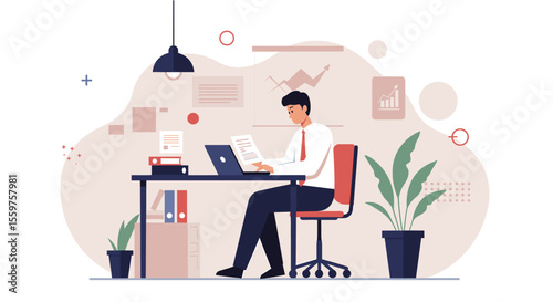 A businessman is sitting at his desk working on his laptop, reviewing documents and charts in a flat design illustration ideal for a landing page banner or marketing presentation.