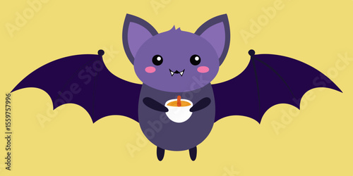 A cute cartoon black bat, a funny mammal, loves a domestic cat