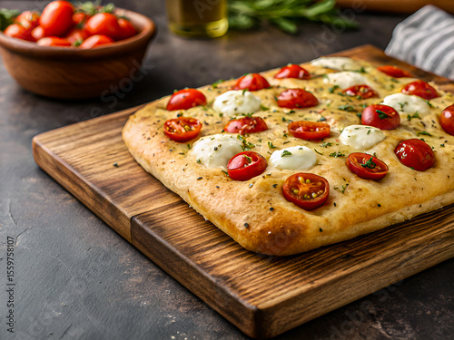 Delicious homemade focaccia with cherry tomatoes and mozzarella. Tasty food background