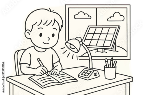 Vector illustration of a smiling child writing in a notebook at a desk with a solar panel visible through the window in the background.