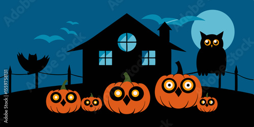 Spooky Halloween night with a haunted house, bats, and an orange pumpkin under a full moon vector illustration