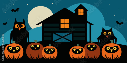 Spooky Halloween vector illustration: a dark autumn night with a scary pumpkin, haunted house, flying bats, and silhouetted trees under a full moon