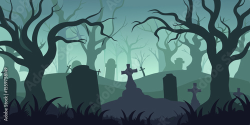 Spooky Halloween night with a scary moon, silhouetted trees, and bats flying over a dark, illustrated cemetery
