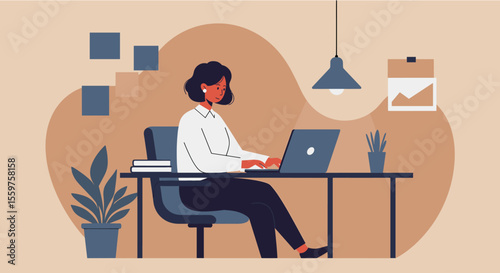 business woman working on laptop. Suitable for landing page, banner, marketing, web design, presentation, infographic, etc.