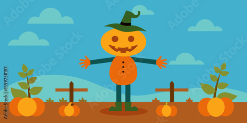 A fun cartoon vector illustration of a scary Halloween pumpkin with a smile, perfect for autumn holiday celebration and party decorations