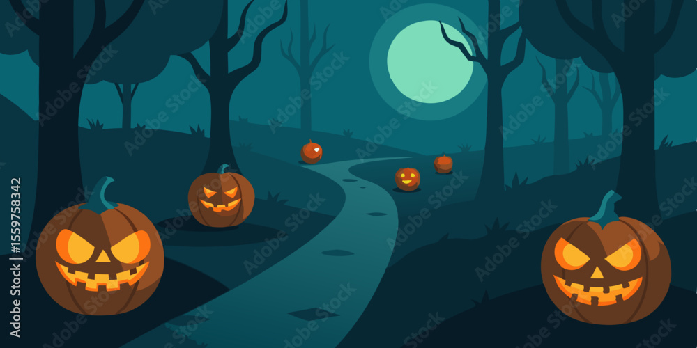 Fototapeta premium Spooky Halloween night background with pumpkins, bats, and a tree silhouette illustration perfect for an October party celebration