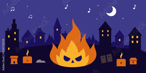 Spooky Halloween night with a haunted castle on a hill, silhouetted against the moonlit sky with bats and a gnarled tree