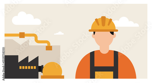 a construction worker wearing a hard hat standing in front of a factory with pipes and a building. Suitable for landing page, banner, marketing, web design, presentation, infographic, etc.