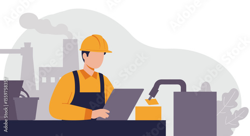 a construction worker wearing a hard hat and apron, working on a laptop with a steam pipe in the background. Suitable for landing page, banner, marketing, web design, presentation, infographic, etc.