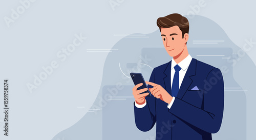 a man in a suit is looking at his phone