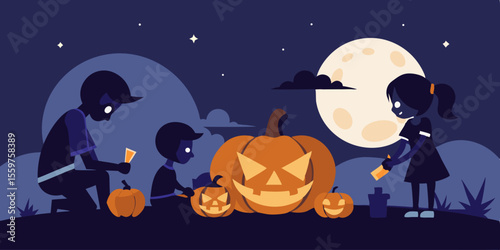 Spooky Halloween night vector illustration with pumpkins, bats, and a dark, scary moonlit tree silhouette perfect for October holiday celebrations