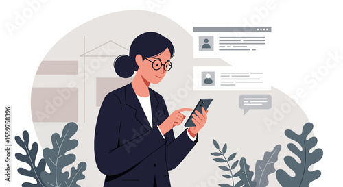 a woman in a suit is looking at her phone