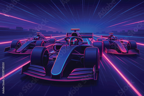 Vector illustration of futuristic Formula 1 race cars in neon glowing lines, speeding down a digital track in cyberpunk style.