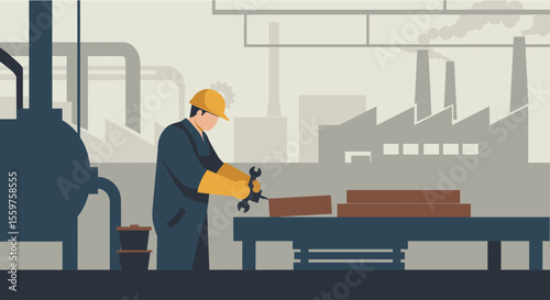 A male factory worker in a hard hat and gloves uses a wrench to assemble metal parts on a workbench in a large industrial plant with many buildings and smokestacks in the background.