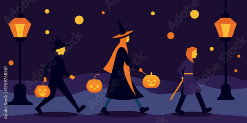 Enchanted Halloween Night Witches and Pumpkins Trick-or-Treating