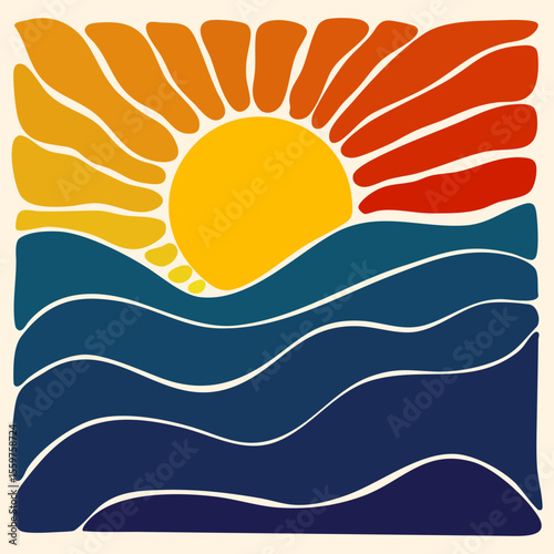 The sun over the waves abstract vintage illustration