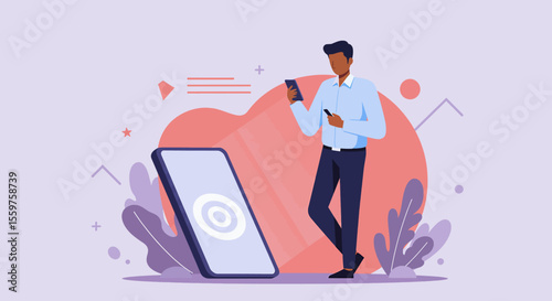 a man standing next to a phone with a phone in his hand