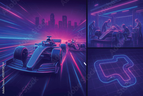 Vector composition showing race cars in motion, pit crew in action, and top-down circuit map, all in neon cyber style.