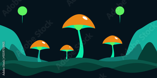 Autumn cartoon vector illustration of a landscape with trees and an umbrella protecting from rain under a cloudy sky