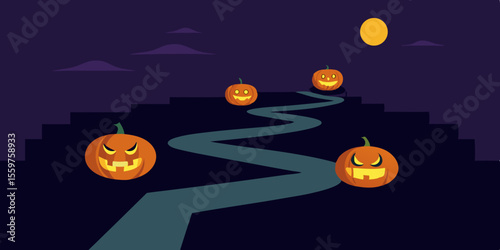Spooky Halloween night with pumpkins, bats, and a dark tree illustration
