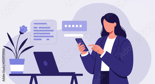 a woman in a business suit using a smartphone, with a laptop and potted plant in the background. Suitable for landing page, banner, marketing, web design, presentation, infographic, etc.