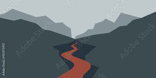 Sunset paints a winding road through a misty mountain landscape with a hint of forest and the distant peak
