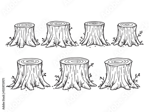Vintage style tree stump drawing with roots