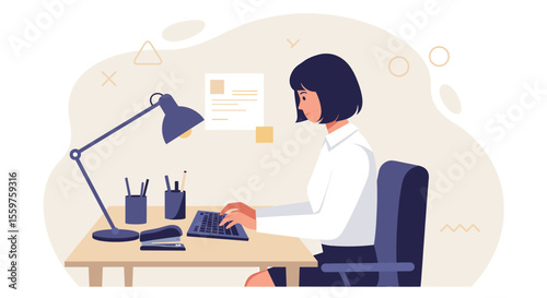 A woman is seated at a desk, focused on her work with a keyboard and a lamp providing light. Suitable for landing page, banner, marketing, web design, presentation, infographic, etc.