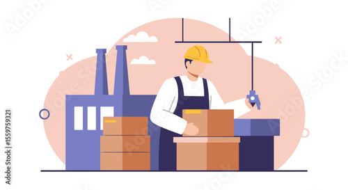 a worker in a hard hat and overalls handling boxes in front of a factory with smokestacks. Suitable for landing page, banner, marketing, web design, presentation, infographic, etc.