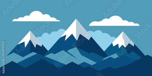 Snow-capped mountain peaks and hills create a beautiful winter landscape vector illustration against a blue, cloudy sky