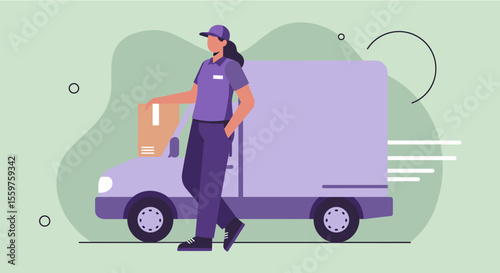 a delivery person in a purple uniform standing next to a delivery truck, holding a package. Suitable for landing page, banner, marketing, web design, presentation, infographic, etc.