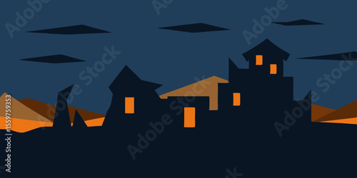 Spooky Halloween castle on a hill at night with bats, illuminated by the moon, a haunted architectural illustration