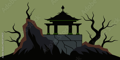 Mysterious Asian Temple Ruins A Silhouette Illustration of Ancient Architecture amidst Barren Landscape