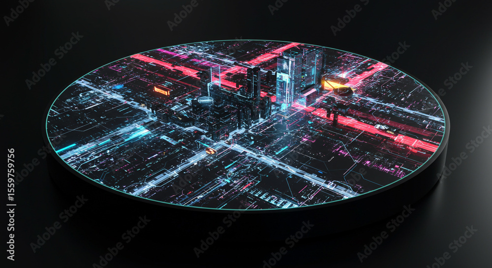 Obraz premium Futuristic city on a circular platform with neon lights and dark background in a digital rendering