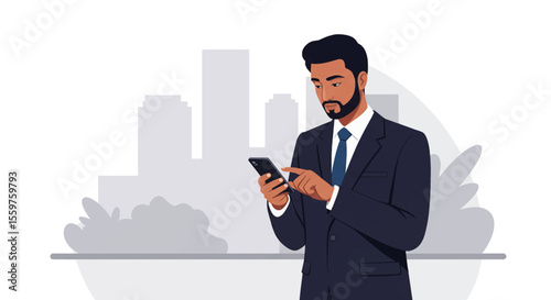 A man in a suit is standing in front of a city skyline, focused on his smartphone. Suitable for landing page, banner, marketing, web design, presentation, infographic, etc.