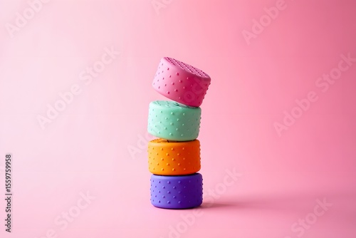 Colorful jelly beans and candies in a bowl on a pink background photo