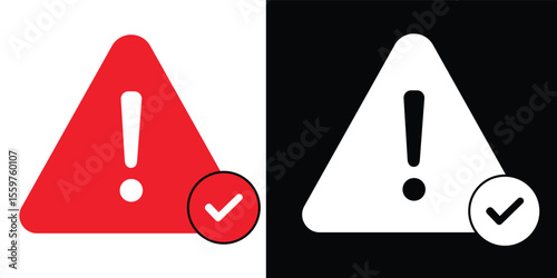 Warning Alert Triangle in Red and White Approved Icon. Exclamation mark in triangle Verified icon isolated on transparent background.
