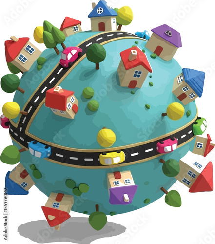 Cartoon globe with houses trees and cars on a road around the planet