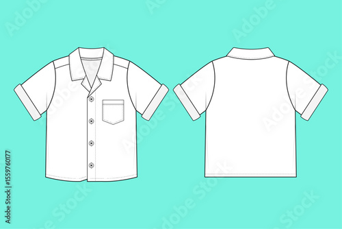 Baby Boys Revere Collar short sleeve Shirt flat sketch outline CAD mockup template.