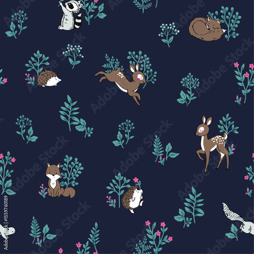 Whimsical cute forest woodland animals seamless textile pattern print