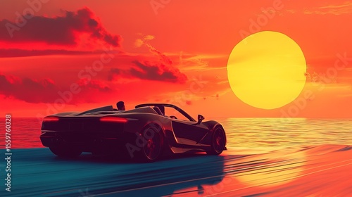 Dramatic Sunset Drive: Sport Car Against a Vibrant Ocean Landscape Illustration
