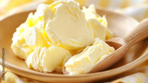 Delicious creamy butter on wooden plate with wooden spoon presents fresh dairy delight