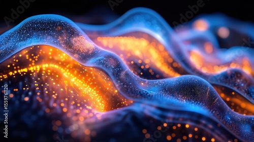 Abstract Glowing Fluid Wave with Sparkle Particle Effect Background