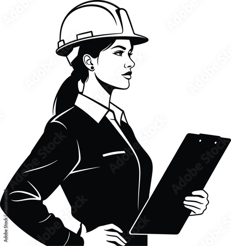 Vector illustration of a female engineer with a hard hat and clipboard