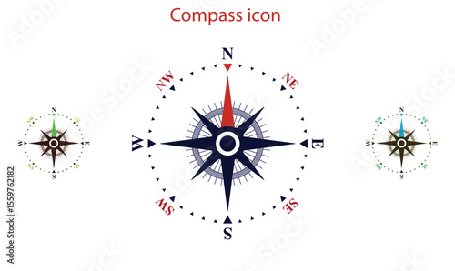 Compass icon set.Compass icon for navigation and travel direction themes.Arrow compass icon sign and symbol.Comoass direction arrow icon or map N sign navigation GPS symbol stock illustration.