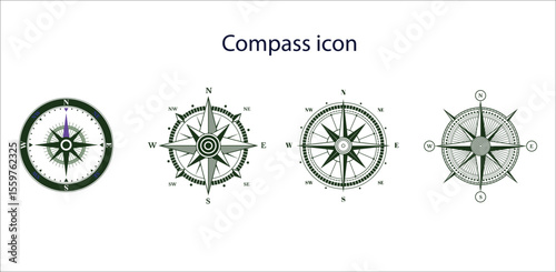 Compass icon set.Compass icon for navigation and travel direction themes.Arrow compass icon sign and symbol.Comoass direction arrow icon or map N sign navigation GPS symbol stock illustration.