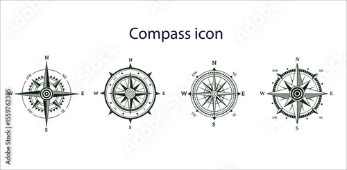 Compass icon set.Compass icon for navigation and travel direction themes.Arrow compass icon sign and symbol.Comoass direction arrow icon or map N sign navigation GPS symbol stock illustration.