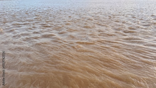 Fotografie Brown murky river water flows with small choppy waves across the wide expanse