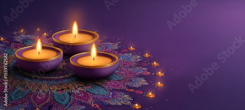 Realistic poster of happy diwali holiday with glowing diya candles on purple background. Traditional hindu festival with floral mandala. Indian religious celebration with burning lamps, rangoli design
